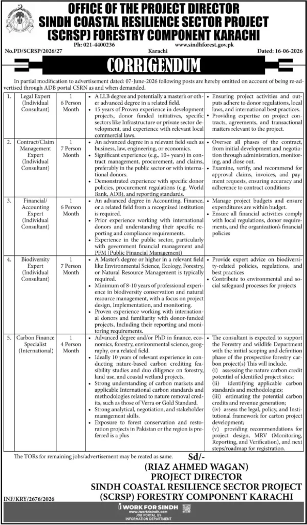 Sindh Forest Department environmental and biodiversity experts vacancies 2026