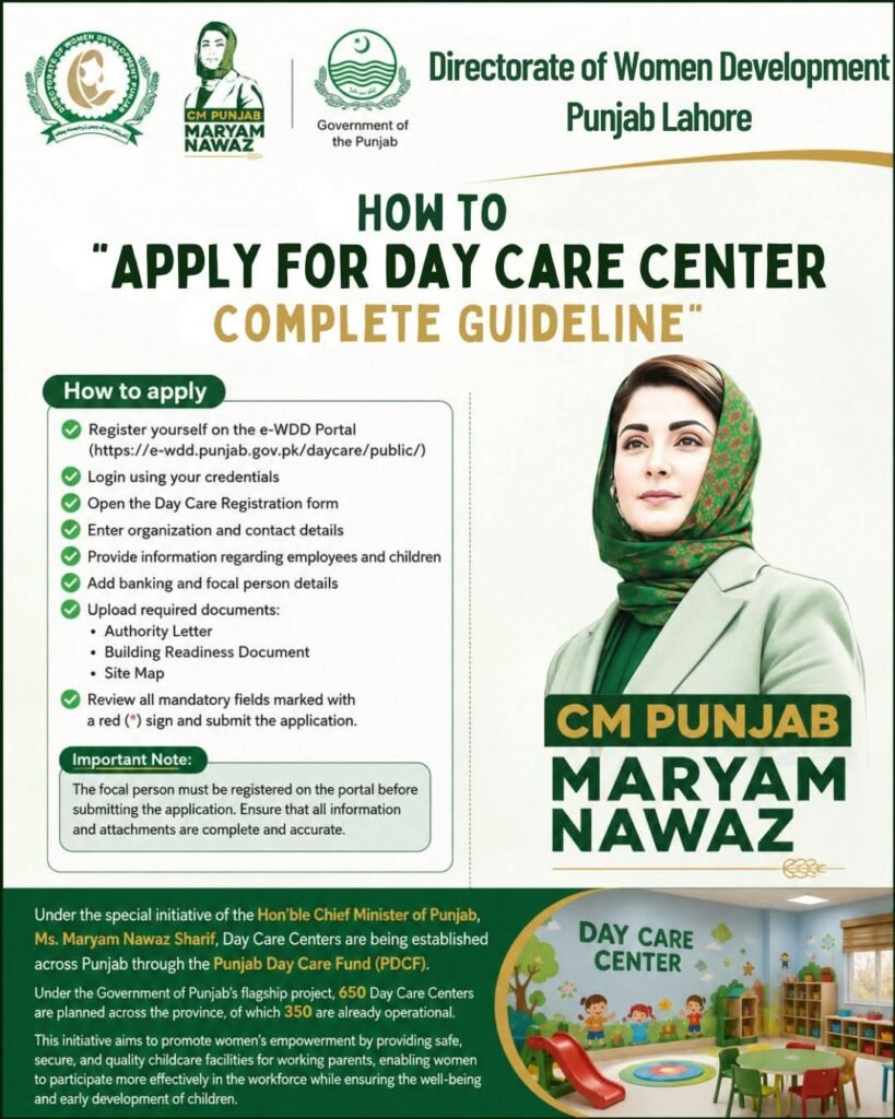 Online Day Care Center Registration Process / Punjab Women Development Department / Childcare Facility Application