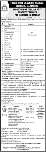 PAF Hospital Islamabad postgraduate medical trainee recruitment July 2026