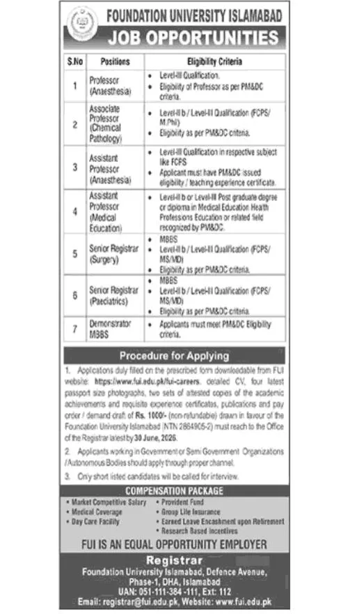 Foundation University Islamabad teaching hospital job opportunities 2026