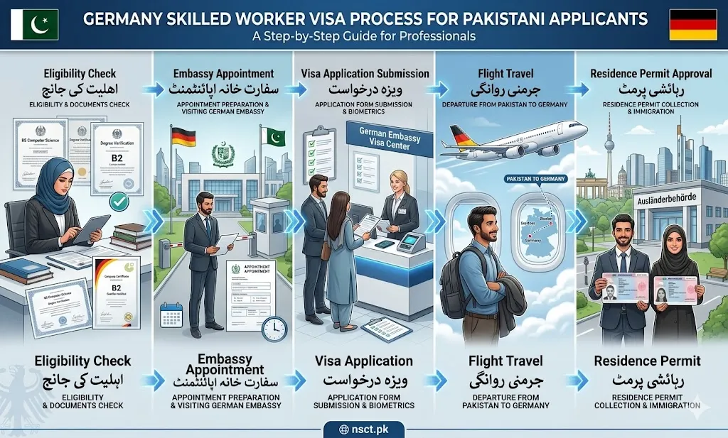 Germany skilled worker visa step-by-step guide showing eligibility, job offer, embassy appointment, visa application, and residence permit process for Pakistani applicants