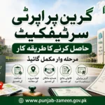 Green Property Certificate process infographic by Punjab Land Records Authority showing step-by-step registration and verification procedure with Urdu headings and official government branding.
