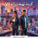 Lucia and Jason standing in Vice City neon skyline / GTA 6 cinematic character reveal / Rockstar open world scene