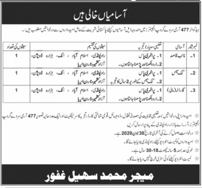 Army civilian recruitment banner showing support staff vacancies with office kitchen and gardening duties in Pakistan Army