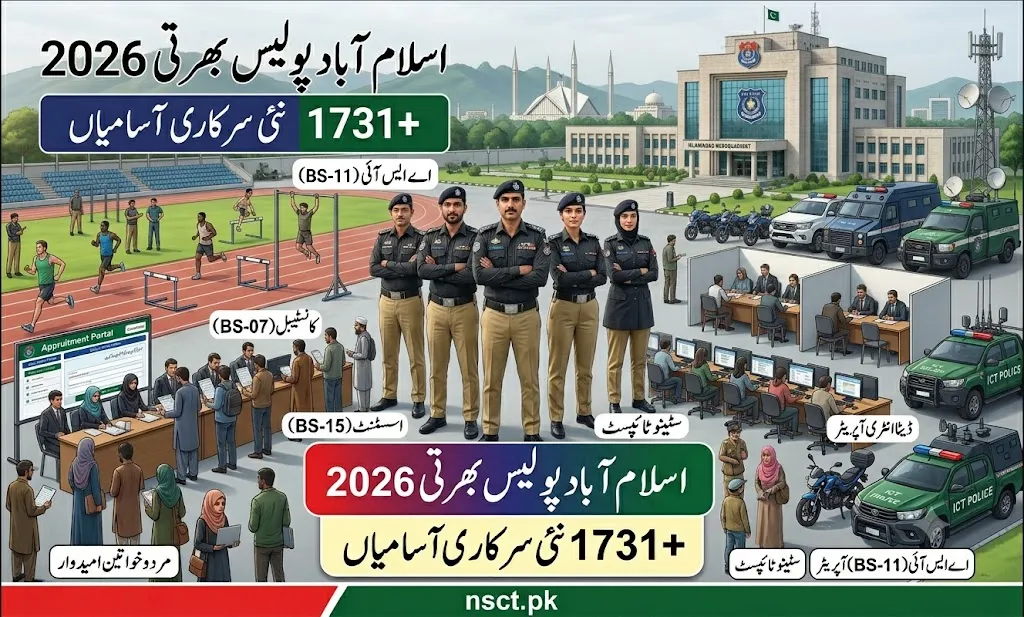 Islamabad Capital Territory Police Jobs 2026 advertisement featuring ASI, Constable, Assistant, Stenotypist, and ministerial staff vacancies for male and female candidates.