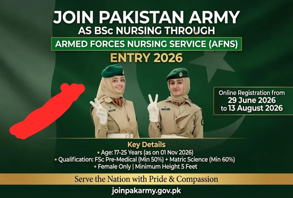 Join Pakistan Army through Armed Forces Nursing Service AFNS Entry 2026 for female candidates with FSc Pre-Medical qualification.