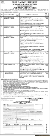 Karachi Port Qasim Authority maritime recruitment poster showing cargo ships, containers and professional executives representing finance, legal and management job opportunities