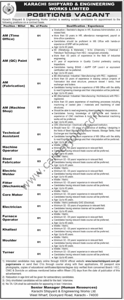 Karachi Shipyard career opportunities for mechanical engineers, technicians, and industrial workers in Pakistan.