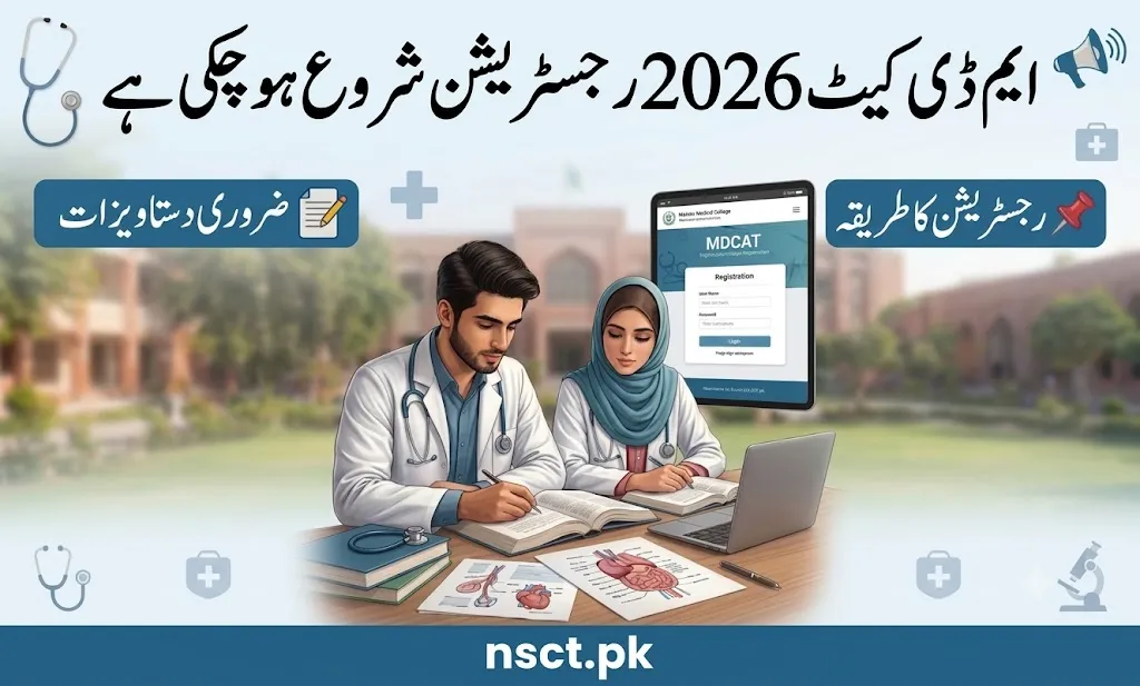 MDCAT 2026 registration open announcement poster for Pakistan medical students with Urdu headings and online registration details