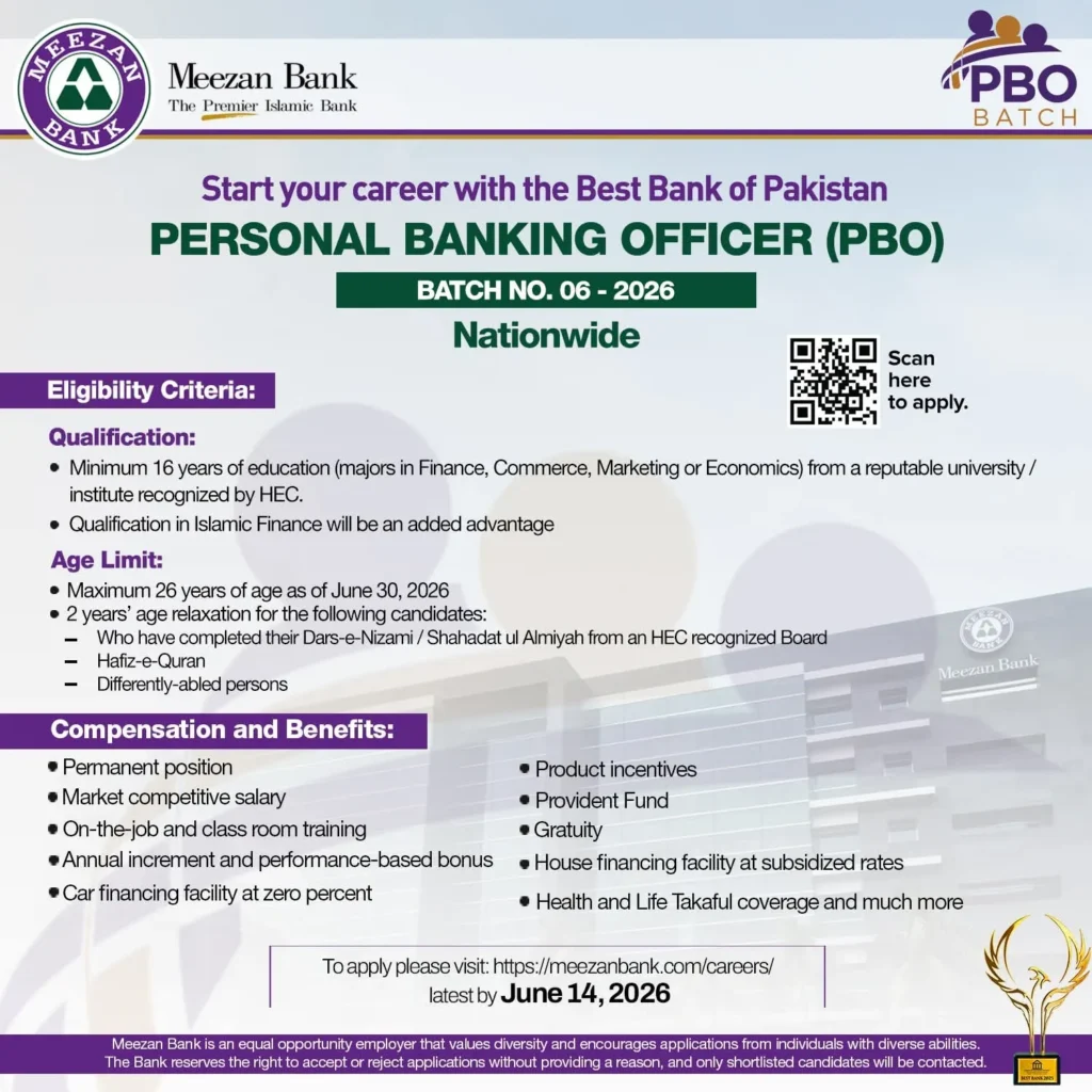 Meezan Bank PBO Batch 06 recruitment 2026 offering permanent banking career opportunities.