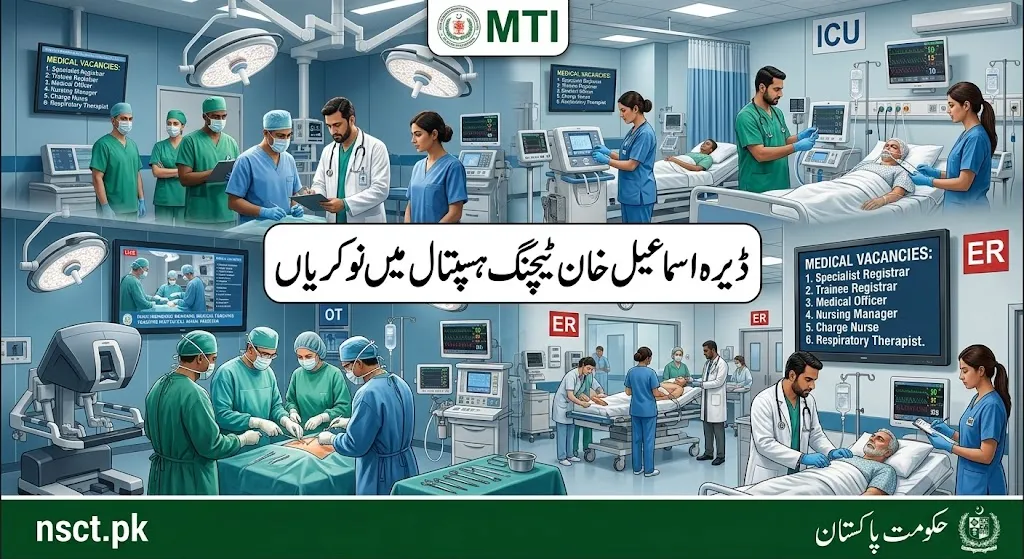 Hyper realistic MTI D.I. Khan medical teaching hospital job recruitment poster showing doctors, nurses, ICU and operation theater with Urdu job titles.