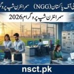 NGC Pakistan internship 2026 promotional banner featuring electrical grid towers, digital control room, and interns working on laptops with application details in Urdu boxes