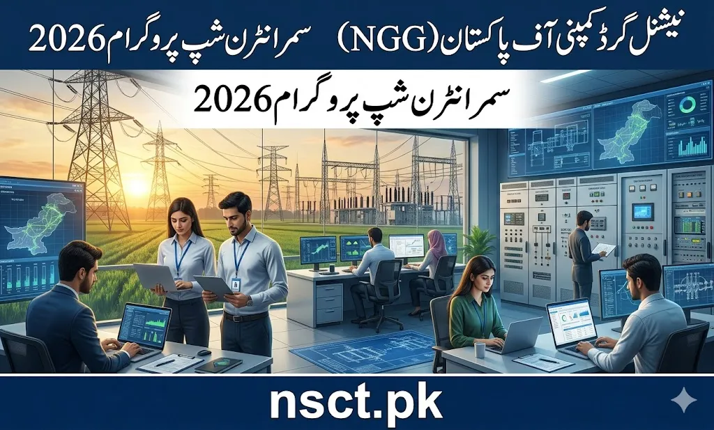 NGC Pakistan internship 2026 promotional banner featuring electrical grid towers, digital control room, and interns working on laptops with application details in Urdu boxes