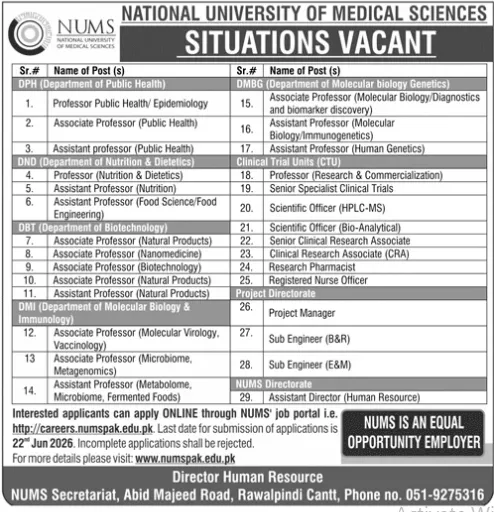 NUMS jobs 2026 announced for professors, researchers, clinicians, and technical staff in Pakistan medical university.