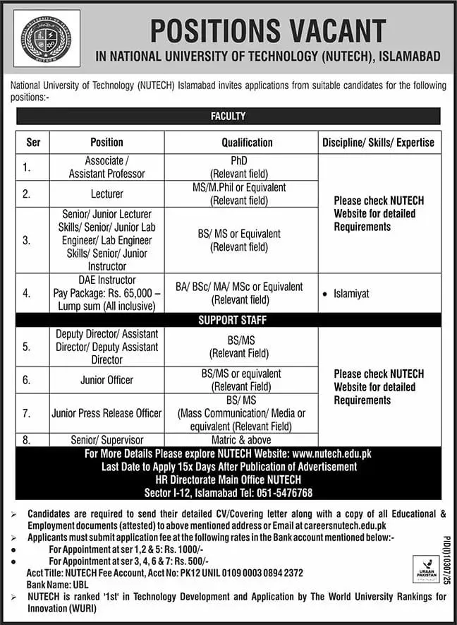 NUTECH Islamabad faculty and support staff recruitment 2026