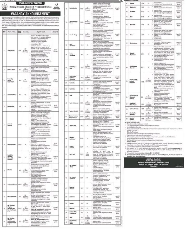Ministry of Federal Education and Professional Training Daanish School Islamabad recruitment 2026 for male and female candidates.