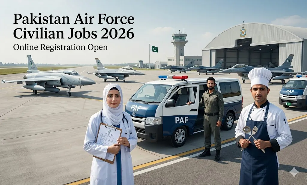 Pakistan Air Force civilian jobs 2026 recruitment announcement for medical assistant, driver, and cook posts.