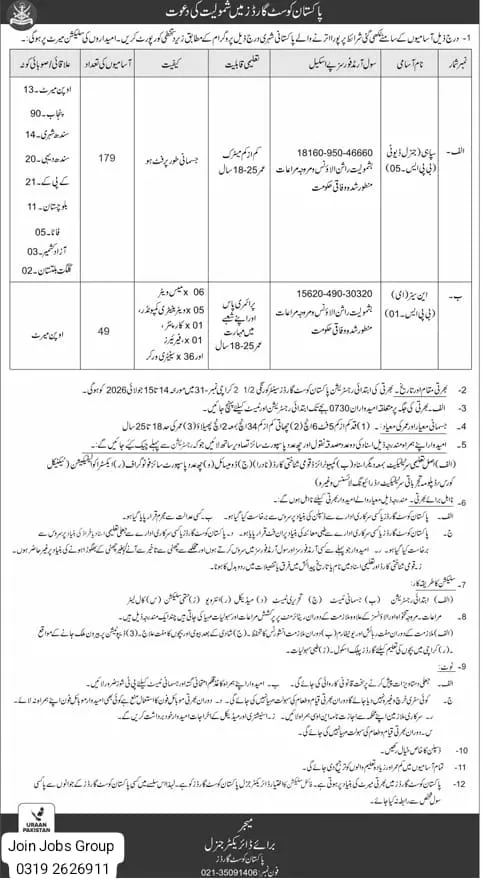 Military recruitment banner for Pakistan Coast Guards showing coastal security force and job application information.