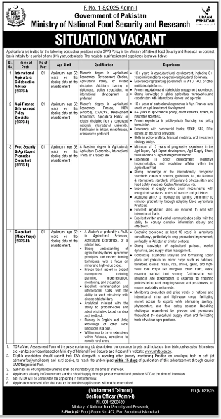 Pakistan federal ministry jobs 2026 showing consultants working on agriculture policy, export promotion, and food security systems.