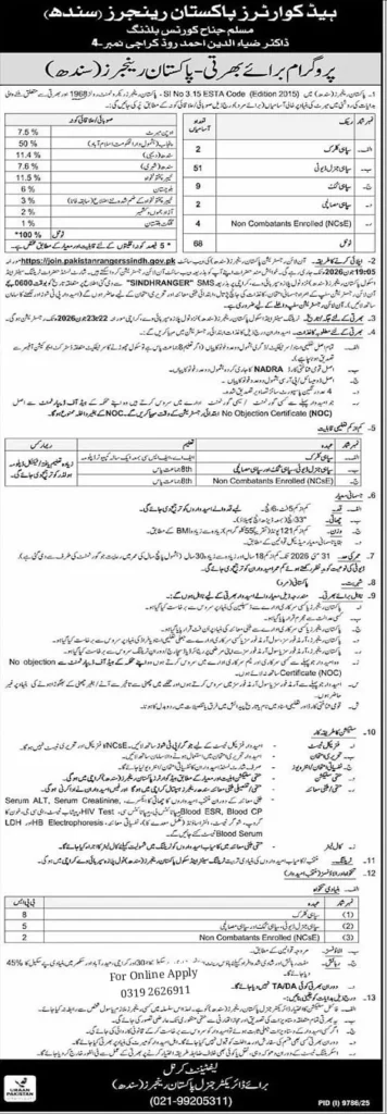 Pakistan Rangers Sindh Jobs 2026 online registration banner showing recruitment for Sipahi General Duty, Clerk, Cook and NCSE posts.