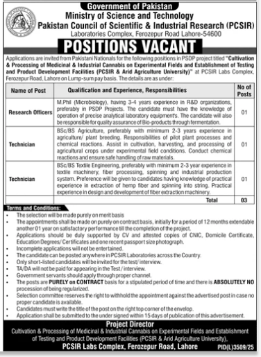 Technician vacancies in PCSIR Lahore PSDP medicinal cannabis research project with agriculture and textile engineering roles.