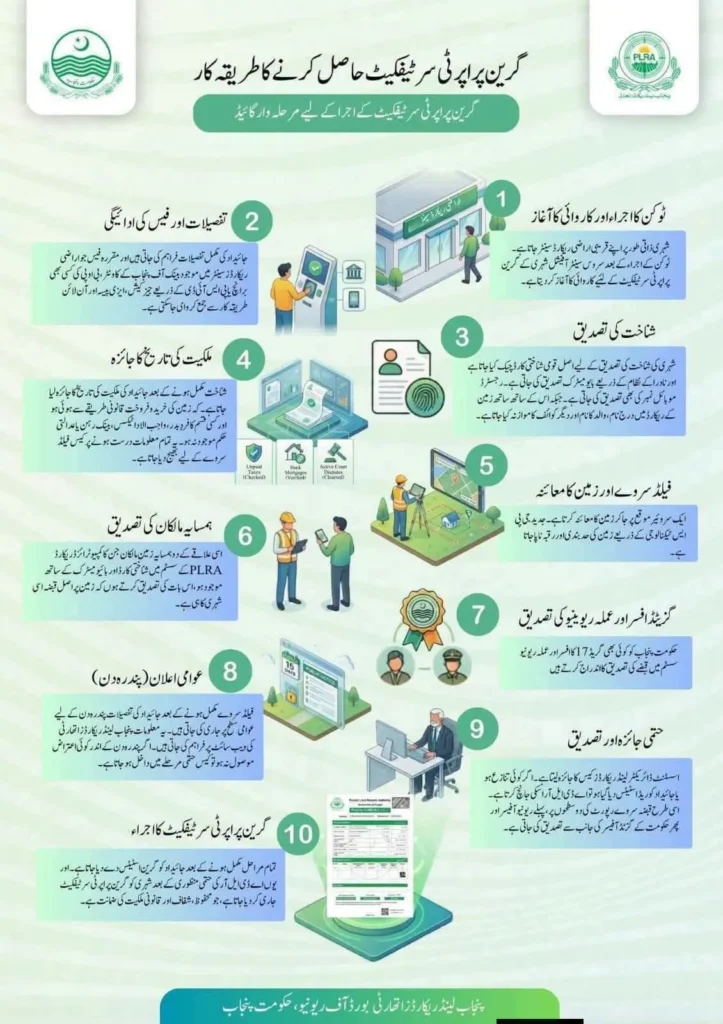 PLRA government guide poster explaining Green Property Certificate application steps, verification process, and final approval under Government of Punjab.