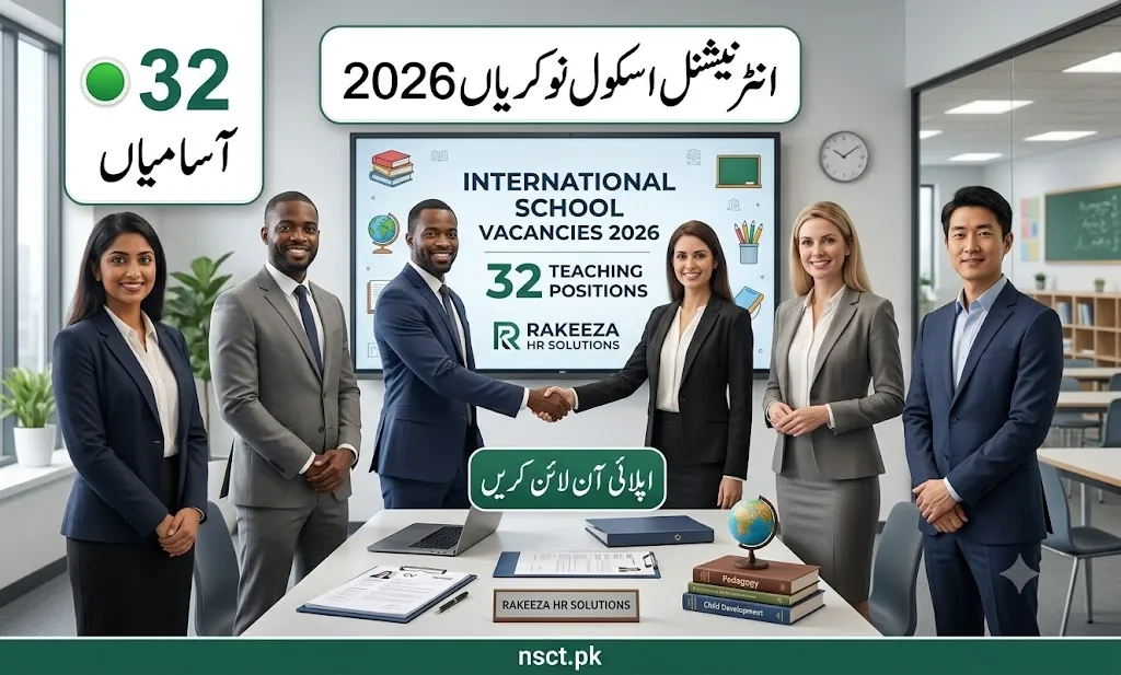 Rakeeza HR Solutions announcing 32 teaching vacancies for international curriculum schools in 2026 with Urdu labels and professional recruitment design