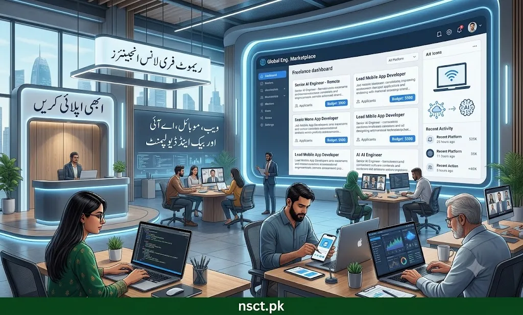 Remote freelance engineers job hiring banner with Urdu labels and global tech workspace interface