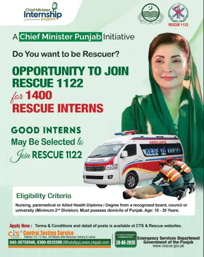 Pakistani male and female rescue interns participating in Rescue 1122 Internship Program 2026 with ambulances, emergency equipment and professional rescue training activities.