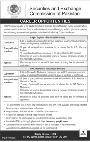 SECP Project Engineer Electrical and HVAC Mechanical specialist jobs advertisement Pakistan