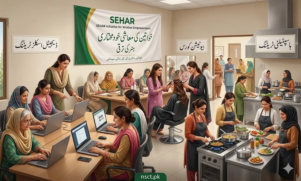 SEHAR initiative women vocational training in Punjab showing digital skills, beautician, and hospitality courses with Urdu labels and empowerment environment