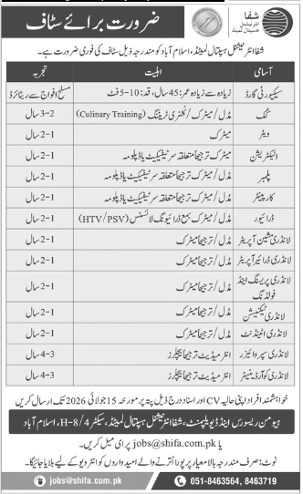 Shifa Hospital Islamabad recruitment for security guards and technical staff