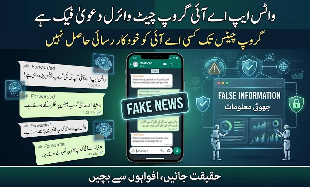 Fact check poster showing WhatsApp AI viral message debunked with fake news warning and cybersecurity awareness design