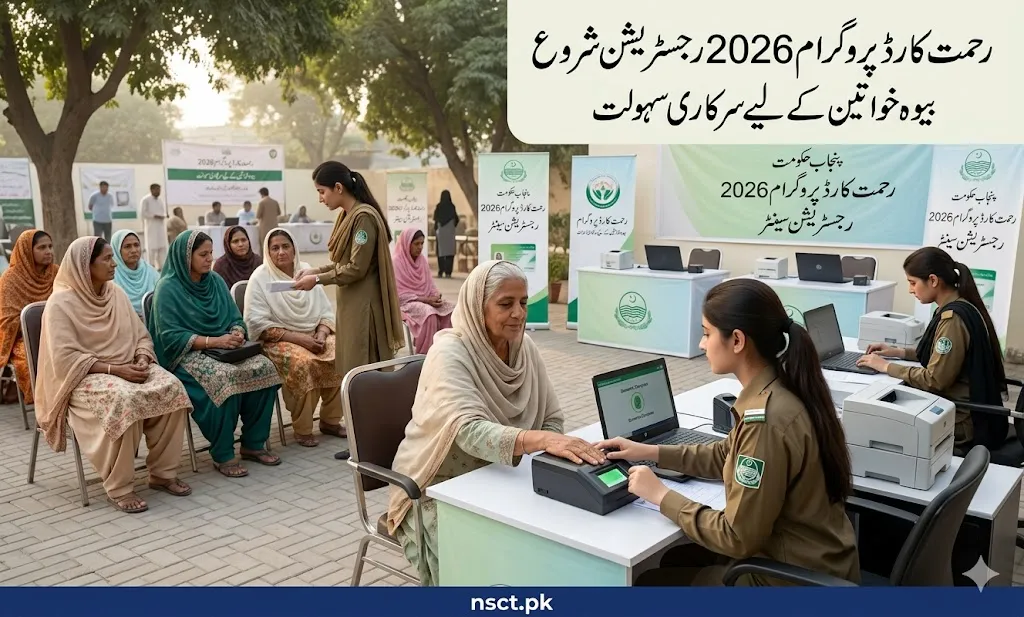 Widowed women registering at Punjab government support program camp with officials assisting applicants