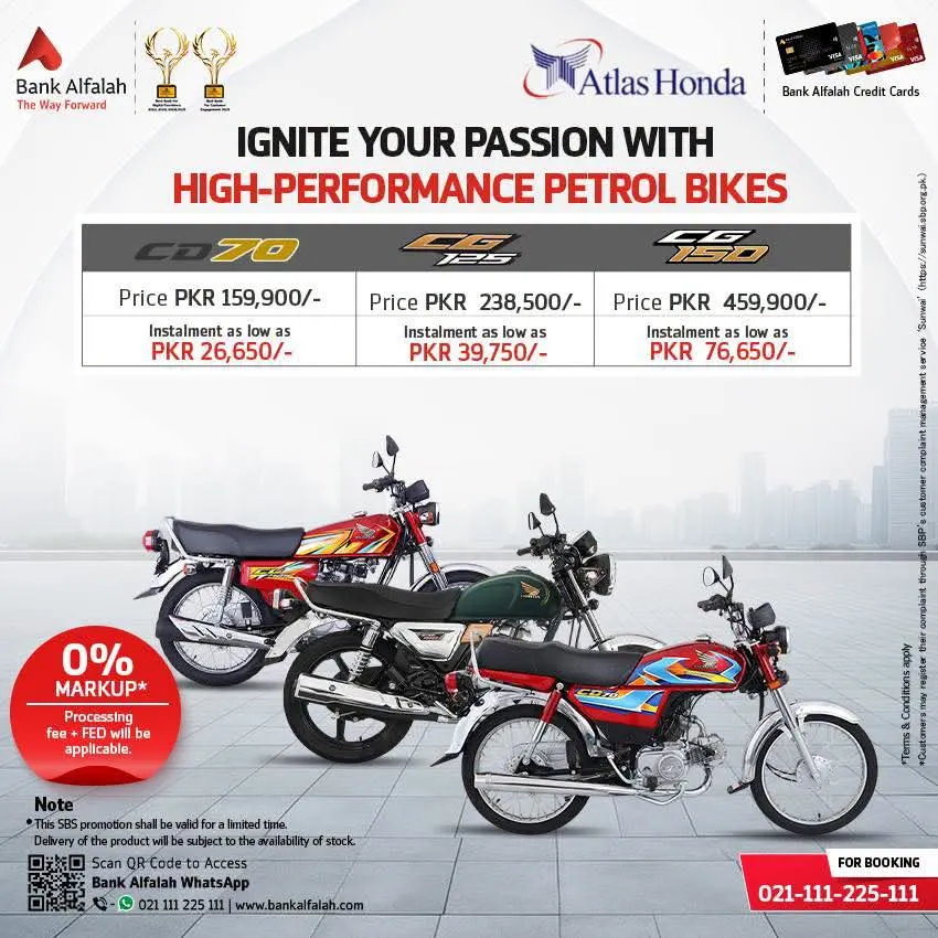 0% markup Easy monthly installment bike plan under Bank Alfalah finance program