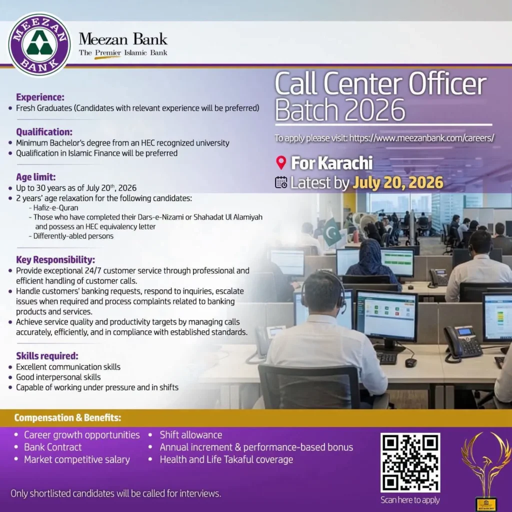 Meezan Bank Call Center Officer Jobs 2026 Advertisement
