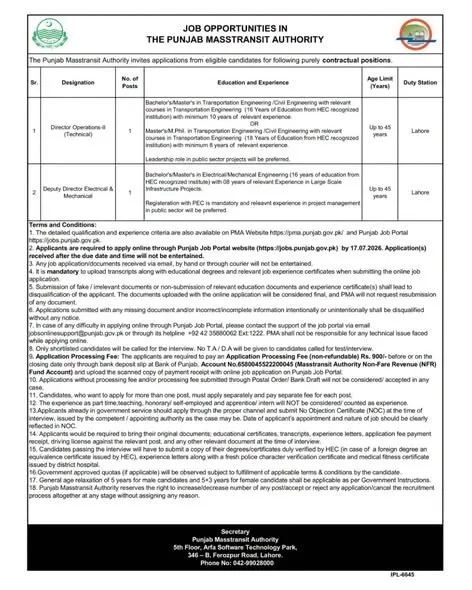 Punjab Masstransit Authority Jobs 2026 online apply
