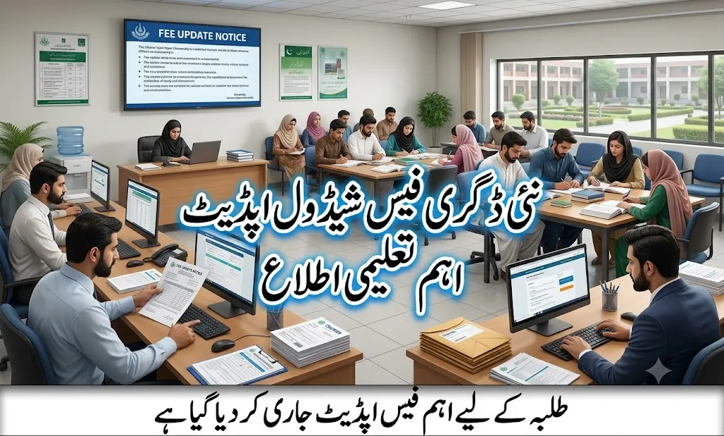 Official notification of updated degree fee schedule issued by Allama Iqbal Open University for various academic programs in Pakistan