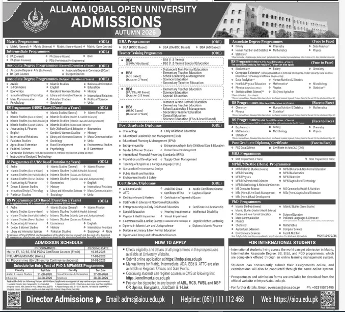 Allama Iqbal Open University distance learning and face to face programmes admission 2026
Government university AIOU online education and open learning system admissions announcement
