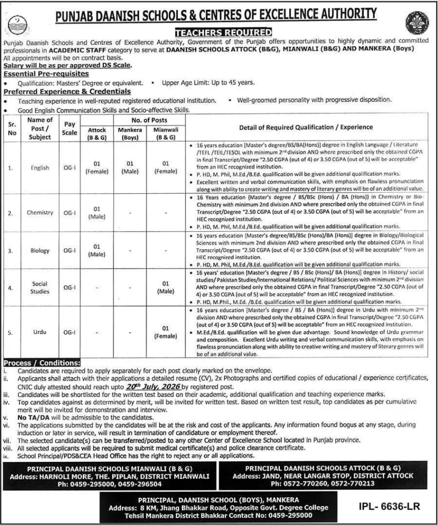 Punjab Daanish Schools academic staff recruitment for Attock Mianwali and Mankera campuses in 2026