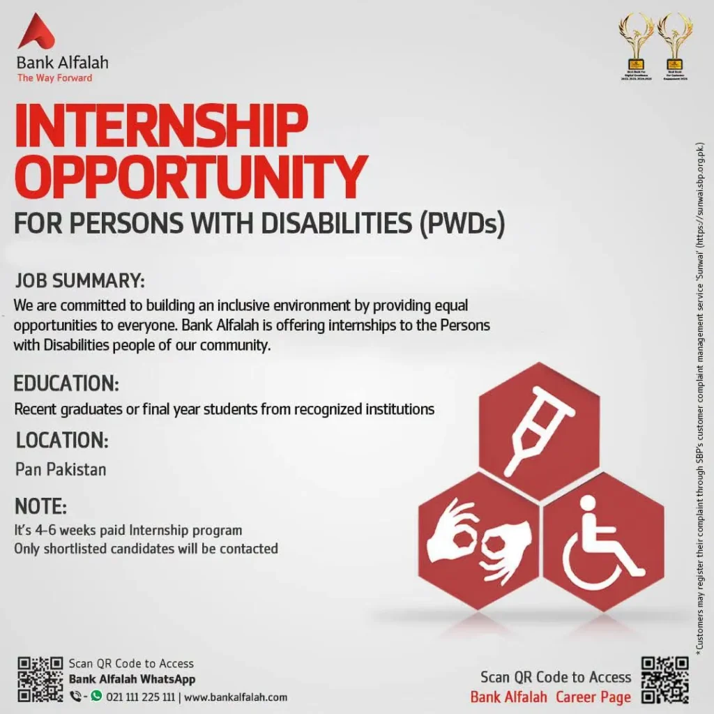 Corporate internship opportunity for disabled candidates in Bank Alfalah Pakistan 2026