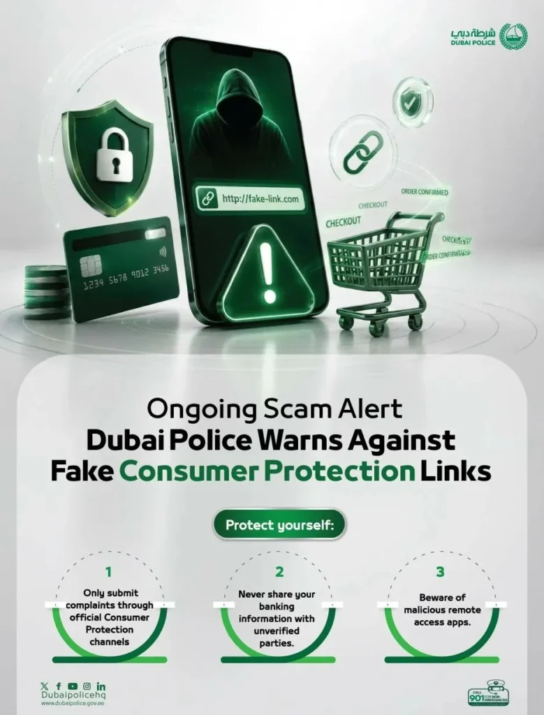 Cyber fraud awareness banner showing online banking scam prevention alert issued by Dubai Police.
Fake Consumer Protection website scam warning highlighting risks of stolen banking information and remote access fraud.