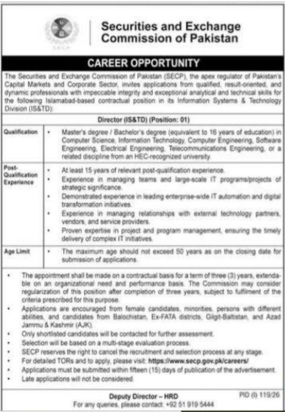 Government IT leadership career opportunity at Securities and Exchange Commission of Pakistan