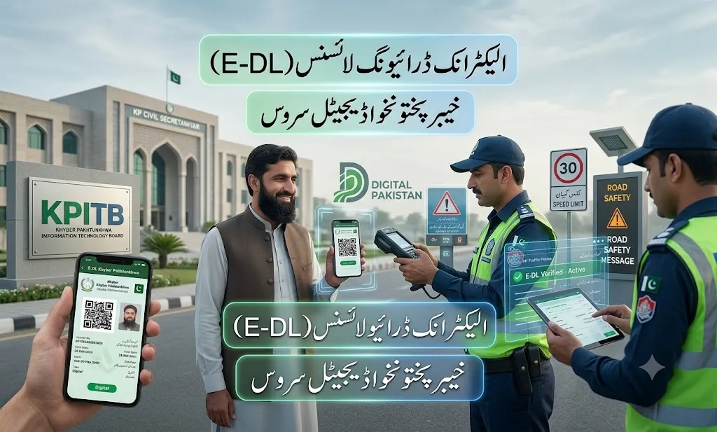 Khyber Pakhtunkhwa electronic driving license displayed on mobile phone with QR verification system