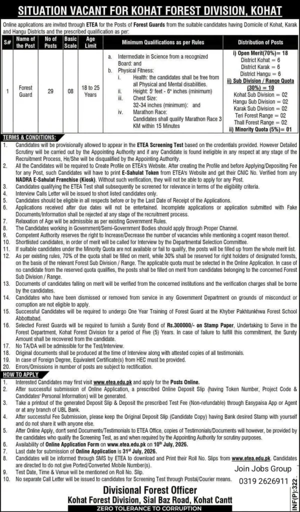 Kohat Forest Division Forest Guard Jobs 2026 through ETEA for candidates from Kohat Karak and Hangu districts