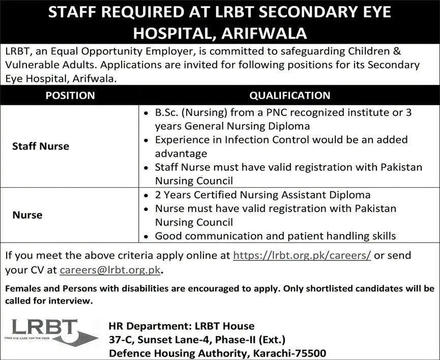 Featured banner for LRBT nursing vacancies in Pakistan highlighting career opportunities at the Arifwala eye hospital.
Professional nursing recruitment announcement for LRBT Secondary Eye Hospital in Arifwala.