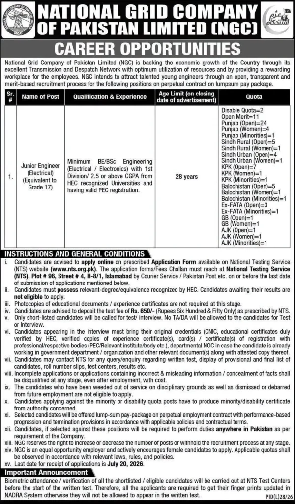 National Grid Company of Pakistan Limited hiring Junior Engineers through NTS for electrical engineering careers.
Government engineering job announcement for Junior Engineer Electrical vacancies at National Grid Company of Pakistan.