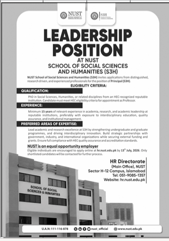 National University of Sciences and Technology S3H Principal vacancy for PhD holders and senior education professionals.
NUST faculty and academic leadership opportunity for Principal School of Social Sciences and Humanities position.