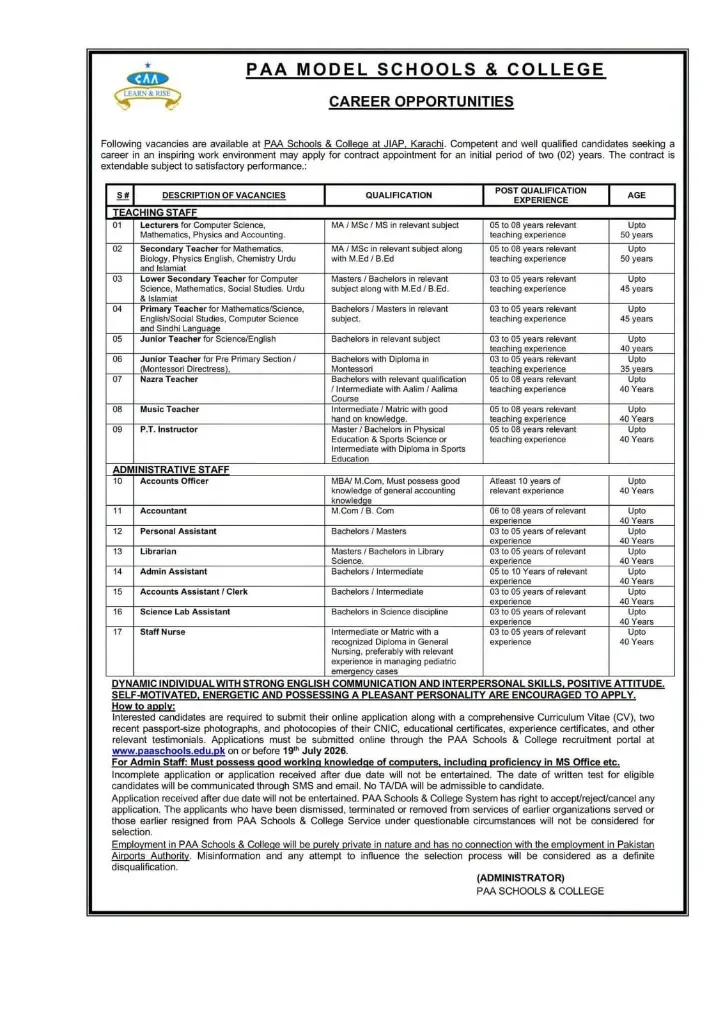 Recruitment banner for teaching and administrative staff vacancies at PAA Schools & College
Career opportunities at PAA Model Schools and College for lecturers, teachers, and administrative professionals.