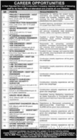 Modern construction company hiring civil engineers, QA engineers, HSE engineers and supervisors in Pakistan.